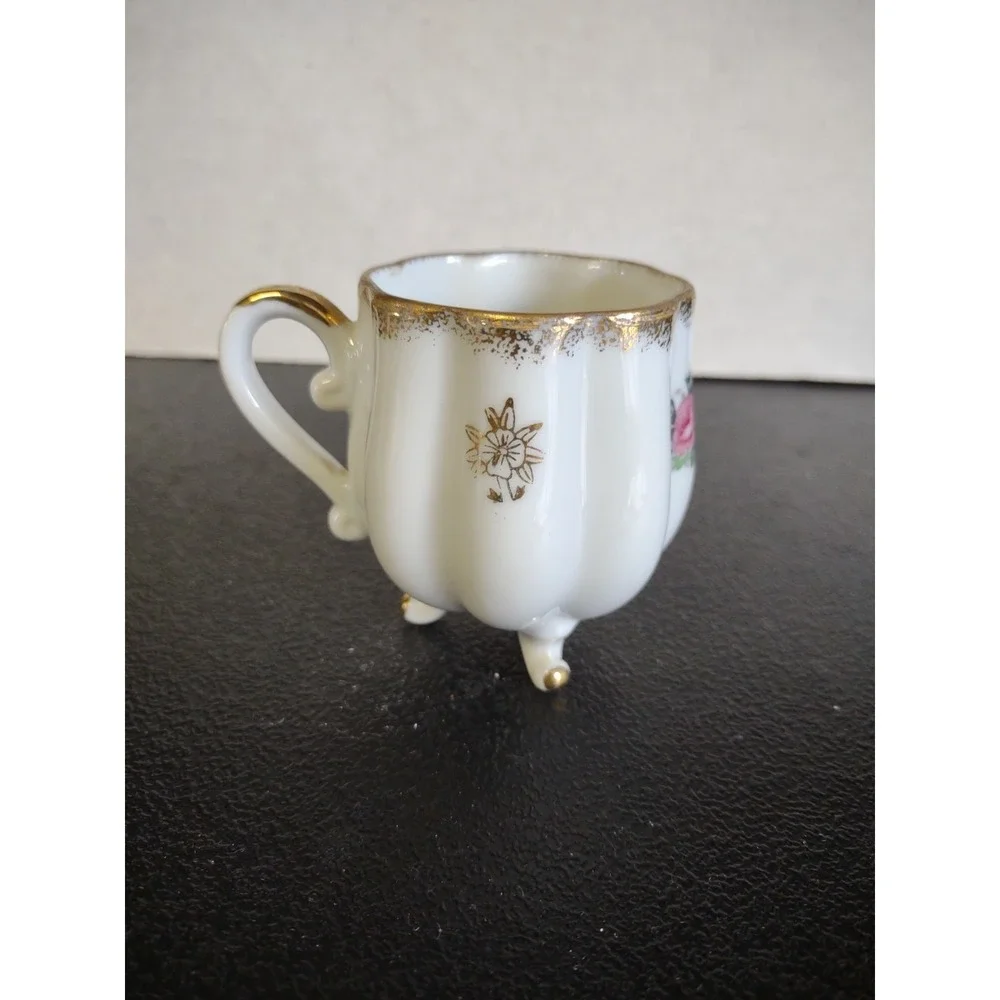Vtg Lefton Hand Painted Footed Tea Cup & Saucer Pink Roses